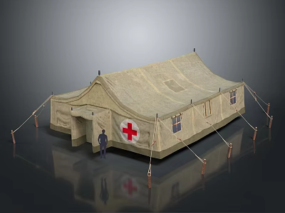 Durable Medical Furniture Setup In Red Cross Tent With Standing Person Nearby 3d model