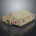 Durable Medical Furniture Setup In Red Cross Tent With Standing Person Nearby