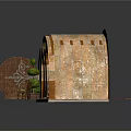 Traditional Arched Wooden Structure With Carved Design Small Table Bench Potted Plants And Rug