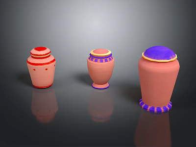 Three Decorative Sculpted Pink Vases With Red Blue Purple Top And Base Design Details 3d model