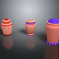 Three Decorative Sculpted Pink Vases With Red Blue Purple Top And Base Design Details