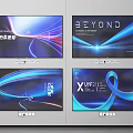 Four TV Screens Displaying Dynamic Blue And Purple Line Backgrounds With Text Elements 3d model