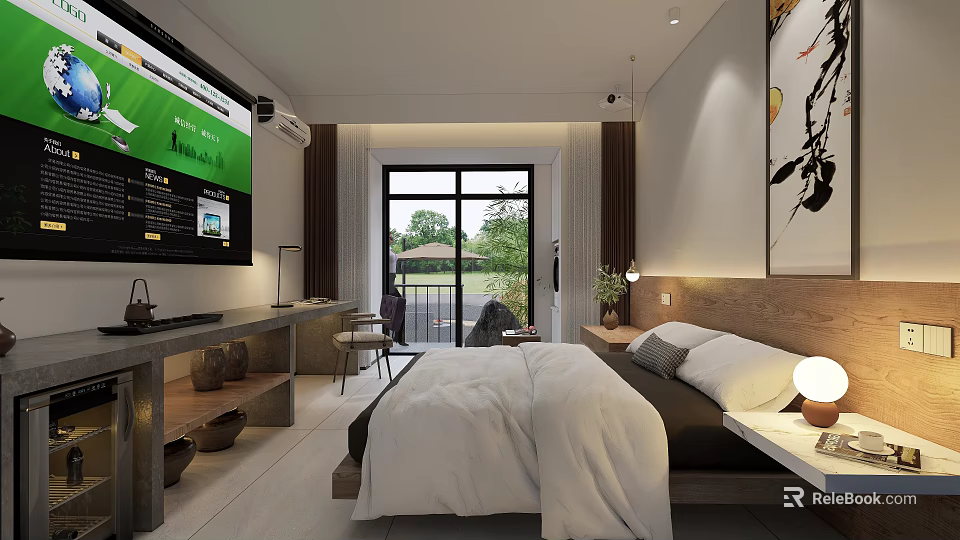 Spacious Hotel Guest Room with Modern Bed TV Balcony Natural Light and Decorative Painting 3d model 