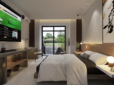 Spacious Hotel Guest Room with Modern Bed TV Balcony Natural Light and Decorative Painting 3d model