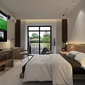 Spacious Hotel Guest Room with Modern Bed TV Balcony Natural Light and Decorative Painting