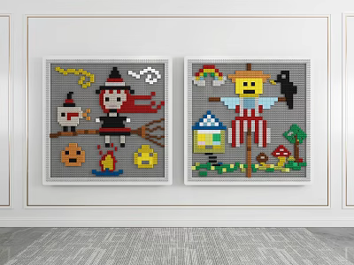 Colorful Building Blocks Wall Art With Witch Pumpkin Rainbow And Smiley Face 3d model