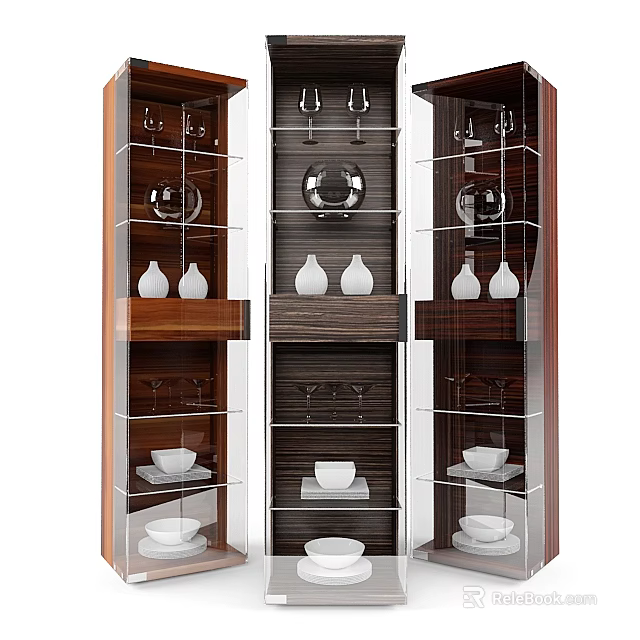 Modern Wooden Sideboard With Glass Doors And Shelves Holding Wine Glasses Plates Bowls And Vases 3d model 