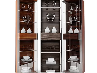 Modern Wooden Sideboard With Glass Doors And Shelves Holding Wine Glasses Plates Bowls And Vases 3d model