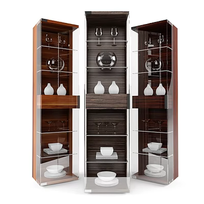 Modern Wooden Sideboard With Glass Doors And Shelves Holding Wine Glasses Plates Bowls And Vases 3d model