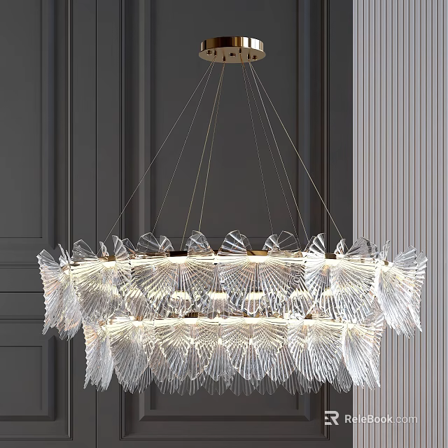 Multi Layer Transparent Leaf Shaped Crystal Chandelier with Gold Frame in Vertical Striped Room 3d model 