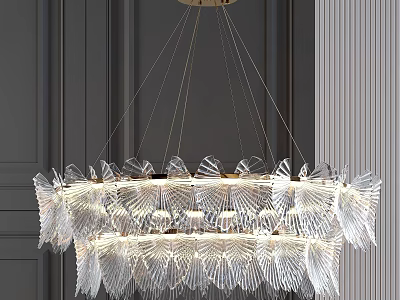 Multi Layer Transparent Leaf Shaped Crystal Chandelier with Gold Frame in Vertical Striped Room 3d model