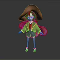 3D Cartoon Character With Long Red Hair Large Hat Green Yellow Coat And Blue Shorts