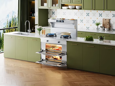 Green Kitchen With Open Oven Food Countertop Patterned Backsplash And Sink 3d model