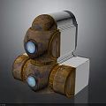 Rusted Metal Mechanical Equipment With Blue Glowing Circular Components And White Structural Parts