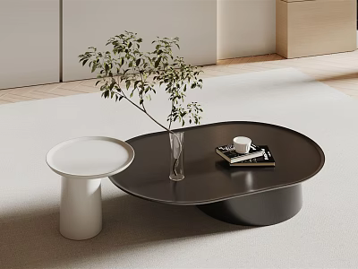 Modern Black Round Coffee Table With White Side Table Green Plant Books And Coffee Cup 3d model