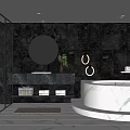 Modern Bathroom Interior Design With Marble Bathtub Round Mirror Hanging Lights And Dark Walls