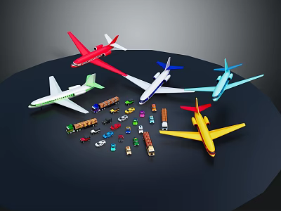 Colorful Toy Planes And Cars On Black Round Table Furniture 3d model
