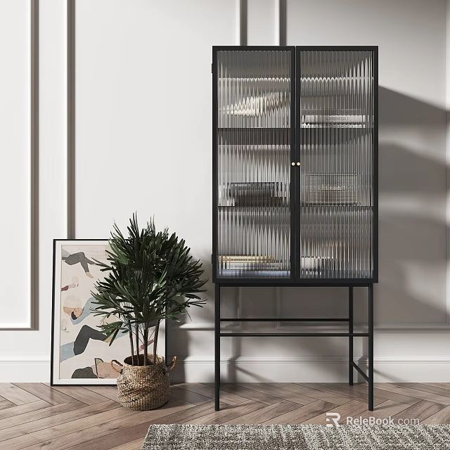 Modern Entryway Cabinet Sideboard With Glass Doors Metal Frame Green Plant And Decorative Art 3d model 