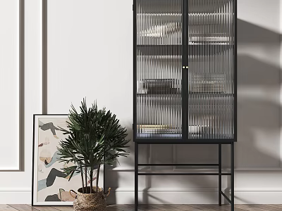 Modern Entryway Cabinet Sideboard With Glass Doors Metal Frame Green Plant And Decorative Art 3d model