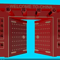 Red Chinese Traditional Gate Featuring Welcome to China Sign Cultural Heritage and Historical Craftsmanship Elements