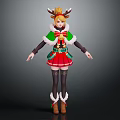 Christmas Themed Character With Reindeer Antlers Green Cape Red Skirt And Stockings Boots