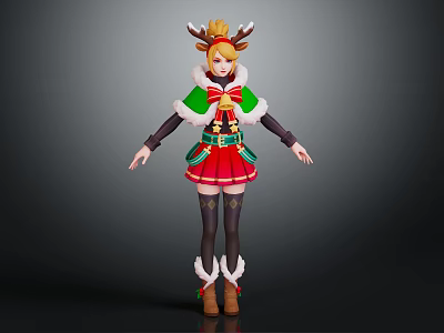 Christmas Themed Character With Reindeer Antlers Green Cape Red Skirt And Stockings Boots 3d model