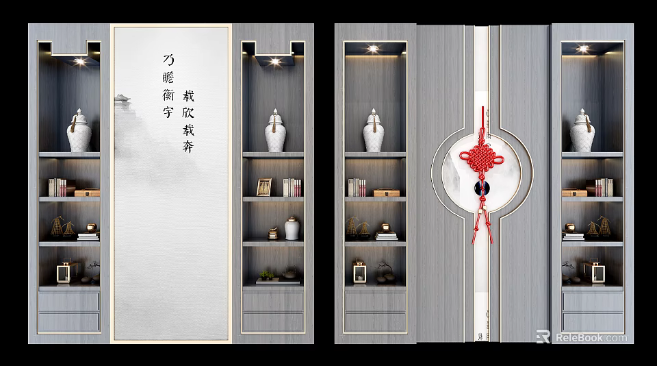 Chinese Style Storage Shelf Unit With White Vases Books And Red Chinese Knot Decorations 3d model 