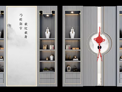 Chinese Style Storage Shelf Unit With White Vases Books And Red Chinese Knot Decorations 3d model