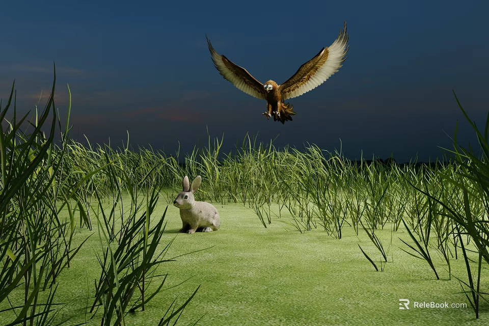 Flying Eagle Soaring Over Green Grassland With Rabbit Under Blue Sky 3d model 