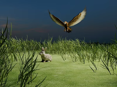 Flying Eagle Soaring Over Green Grassland With Rabbit Under Blue Sky 3d model