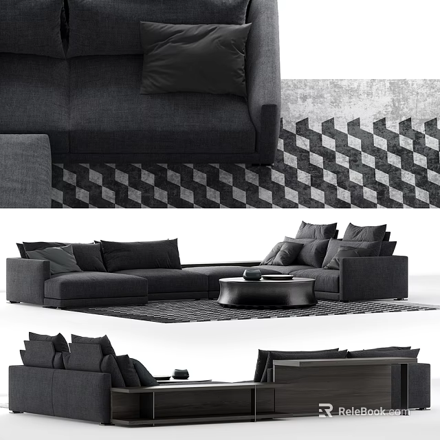 Gray Upholstered Sectional Sofa With Plush Pillows And Geometric Pattern Rug 3d model