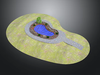 Small Garden Landscape Design With Green Grassland Blue Pond Stone Path And Tree 3d model
