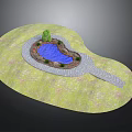 Small Garden Landscape Design With Green Grassland Blue Pond Stone Path And Tree