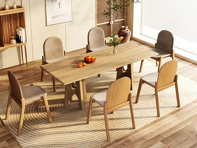 Wooden Dining Table Set With Chairs Fruits Vase And Natural Light In Bright Room 3d model