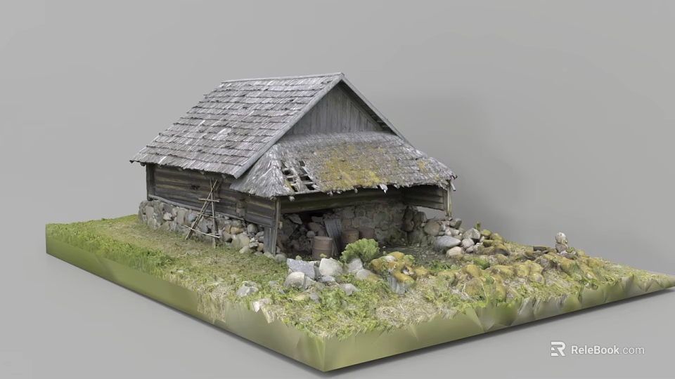 Rustic Wooden Cabin Model With Dilapidated Roof Stone Piles And Green Grass 3d model 