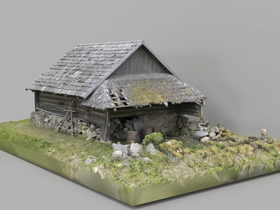 Rustic Wooden Cabin Model With Dilapidated Roof Stone Piles And Green Grass 3d model