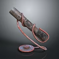 Rusted Metal Device With Curved Bracket And Circular Base On Display Stand