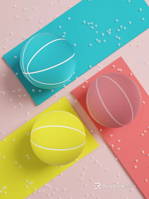 Colorful Basketballs In Blue Pink Yellow On Colored Mats With Decorative Beads 3d model 