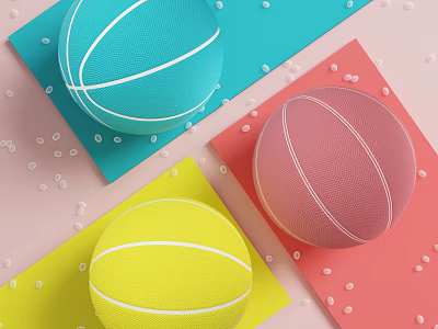 Colorful Basketballs In Blue Pink Yellow On Colored Mats With Decorative Beads 3d model