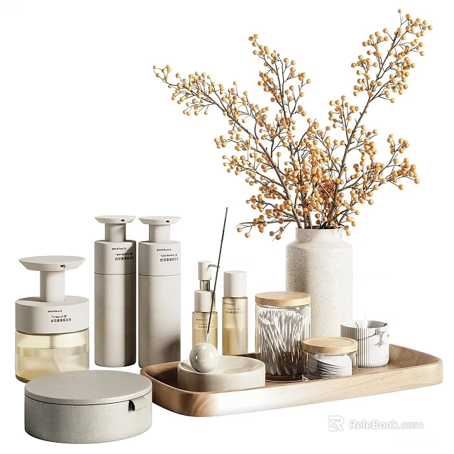 Modern Bath And Body Products Display With Ceramic Bottles Jars On Tray And Decorative Vase 3d model 