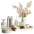 Modern Bath And Body Products Display With Ceramic Bottles Jars On Tray And Decorative Vase