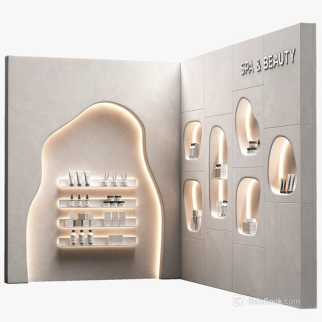 Modern Spa Beauty Retail Space With Illuminated Display Shelves And Products 3d model 