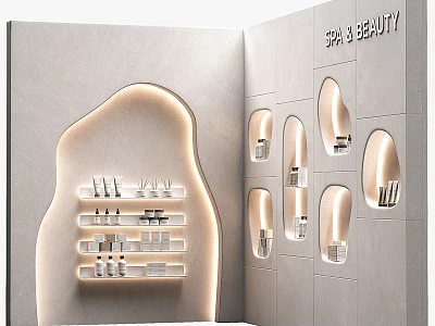 Modern Spa Beauty Retail Space With Illuminated Display Shelves And Products 3d model