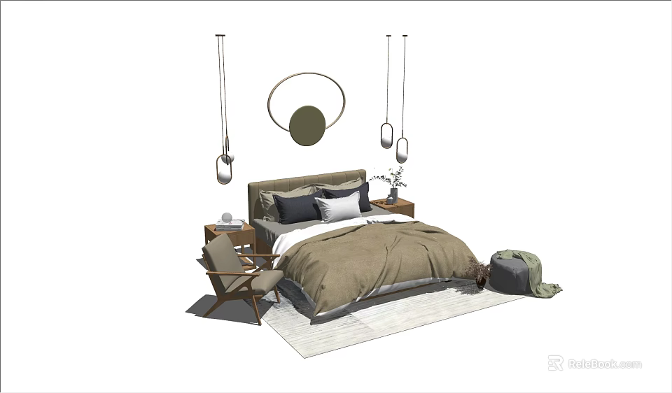 Modern Double Bed Bedroom Interior With Cozy Bedding Hanging Lights And Chair 3d model 