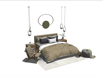 Modern Double Bed Bedroom Interior With Cozy Bedding Hanging Lights And Chair 3d model
