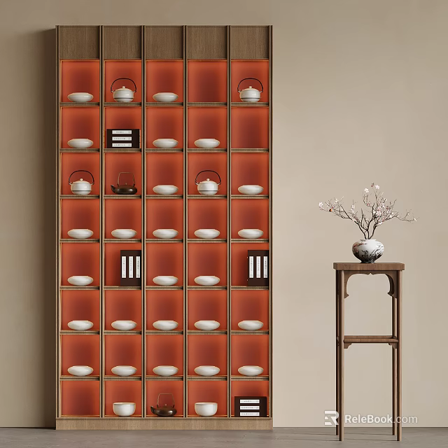 Red Storage Shelf with Multiple Compartments Holding White Containers and Side Table with Vase 3d model 