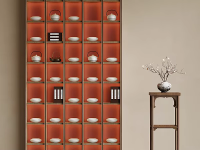 Red Storage Shelf with Multiple Compartments Holding White Containers and Side Table with Vase 3d model