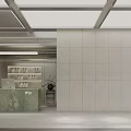 Modern Store Front Desk With Green Marble Countertop Gray Wall Display Shelves Plant And Skylight