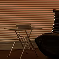 Dining Table with Sunset Light Large Window Blinds Armchair Plant Fruit Bowl and Rug
