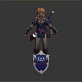 Man With Orange Hair In Warrior Armor Holding Sword And Blue Shield With White Emblem